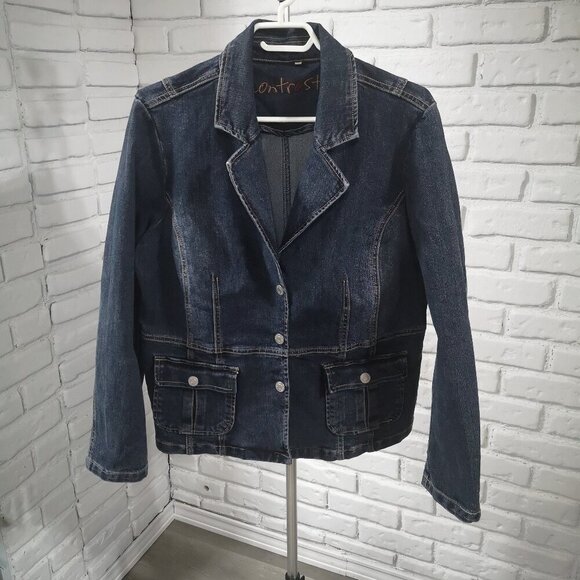Contrast Ladies Size XL Snap Closure Dark Wash Jean Jacket - Picture 1 of 9
